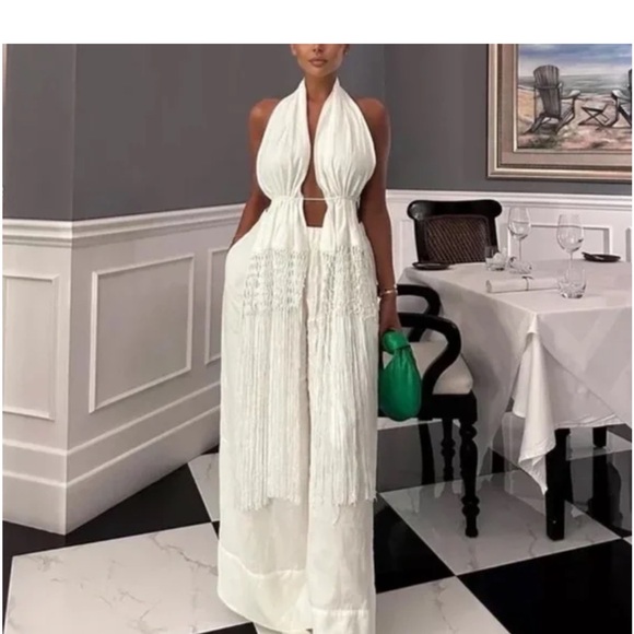 Zara White Linen Backless Eonen Macrame Fringe Halter Size S - Picture 2 of 10